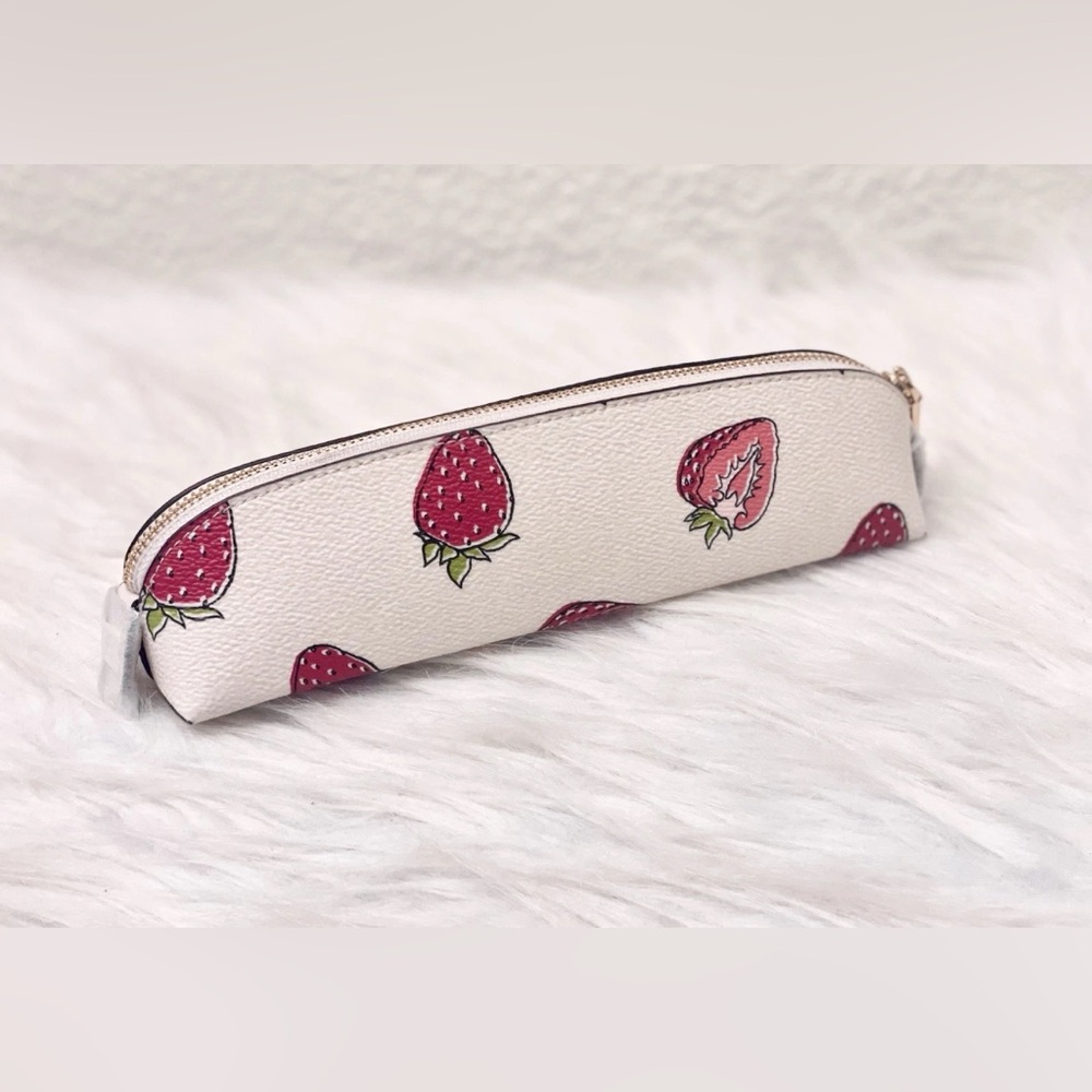 Coach White Strawberry Print Pencil Case with Pink Accents